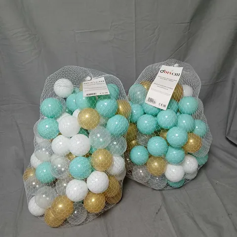 DIVCHI 6CM POOL BALLS, 100PCS, ASSORTED TURQUOISE, BLUE, WHITE & GOLD – 2 NET BAGS OF 100