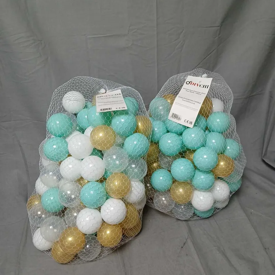 DIVCHI 6CM POOL BALLS, 100PCS, ASSORTED TURQUOISE, BLUE, WHITE & GOLD – 2 NET BAGS OF 100