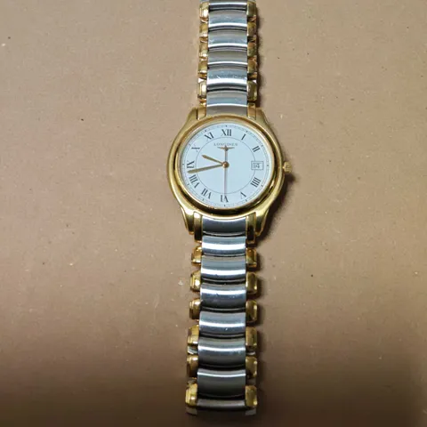 LONGINES ALL STAINLESS STEEL GOLD TONE WATCH WITH WHITE DIAL