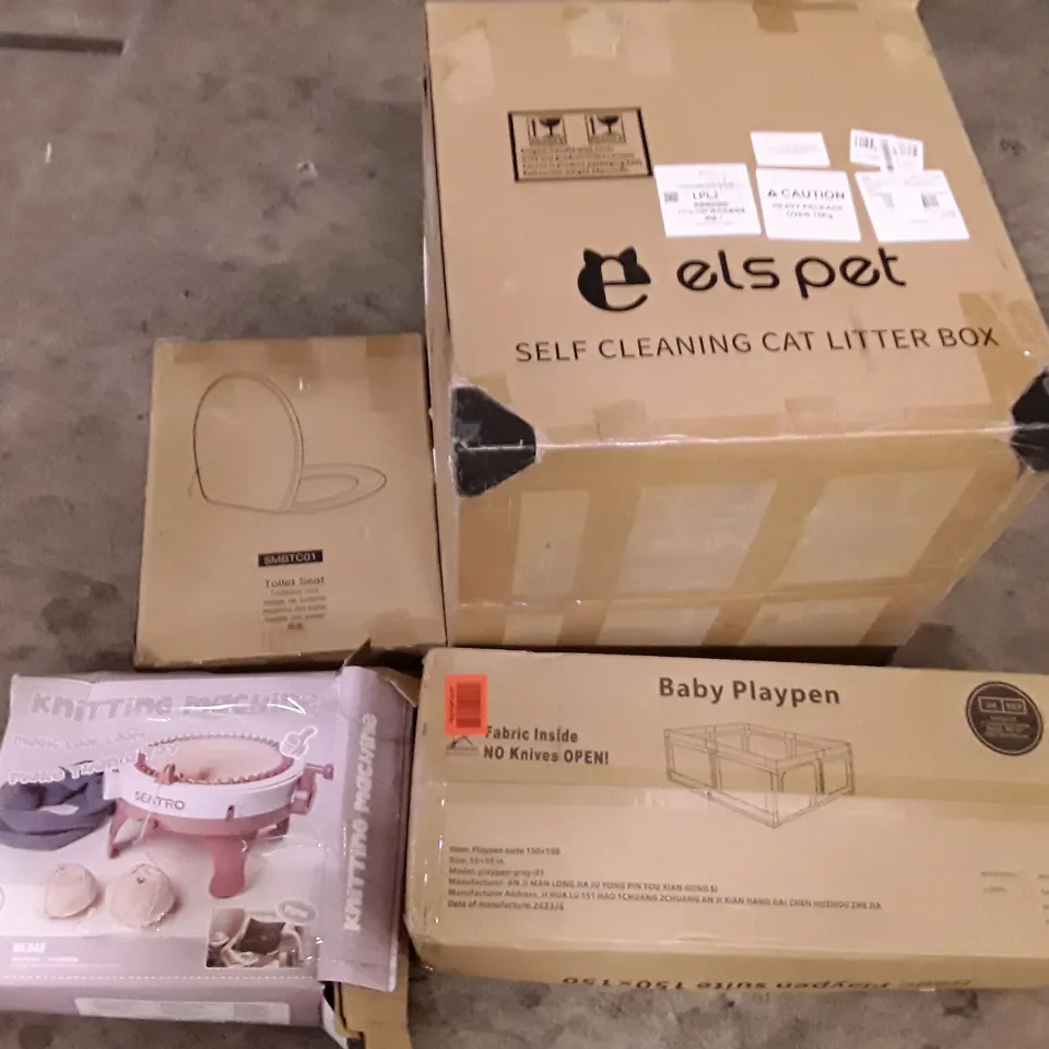 PALLET OF ASSORTED PRODUCTS INCLUDING SELF CLEANING CAT LITTER BOX, KNITTING MACHINE, TOILET SEAT, BABY PLAYPEN