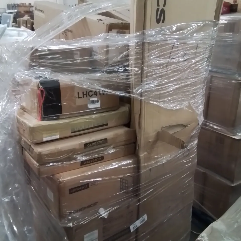 MIXED PALLET OF VARIOUS HOUSEHOLD ITEMS TO INCLUDE: TV STAND, GARMENT RAILS, CUBE STACKING SHELVES ECT.