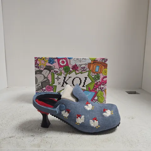 KOI CLUCK CLUCK CHICKEN MULES – DENIM, UK6