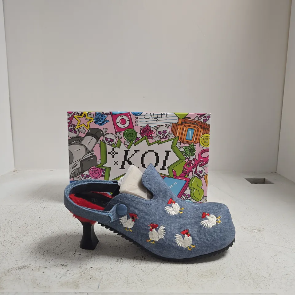 KOI CLUCK CLUCK CHICKEN MULES – DENIM, UK6