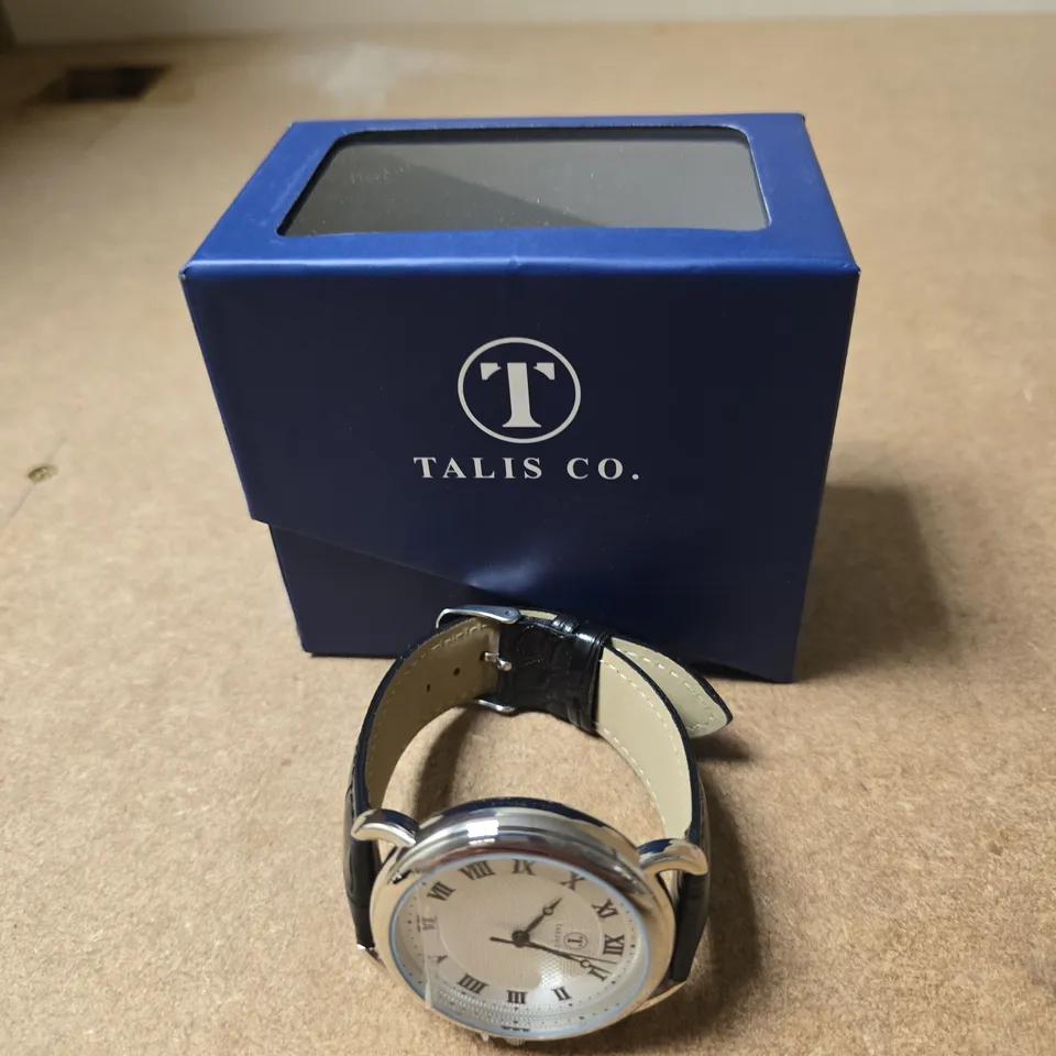 TALIS CO. WRISTWATCH – ROMAN NUMERAL DIAL, BLACK CROC-EMBOSSED LEATHER STRAP