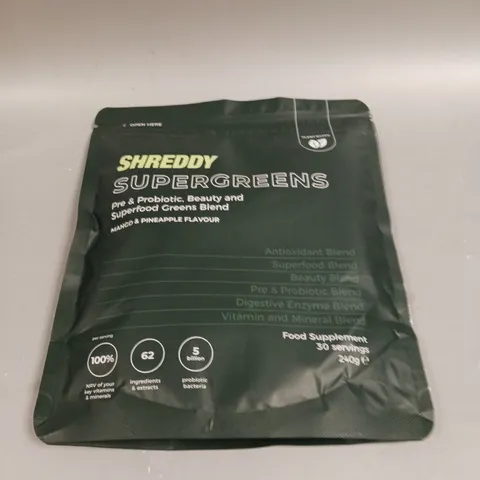SEALED SHREDDY SUPERGREENS FOOD SUPPLEMENT - MANGO & PINEAPPLE 240G