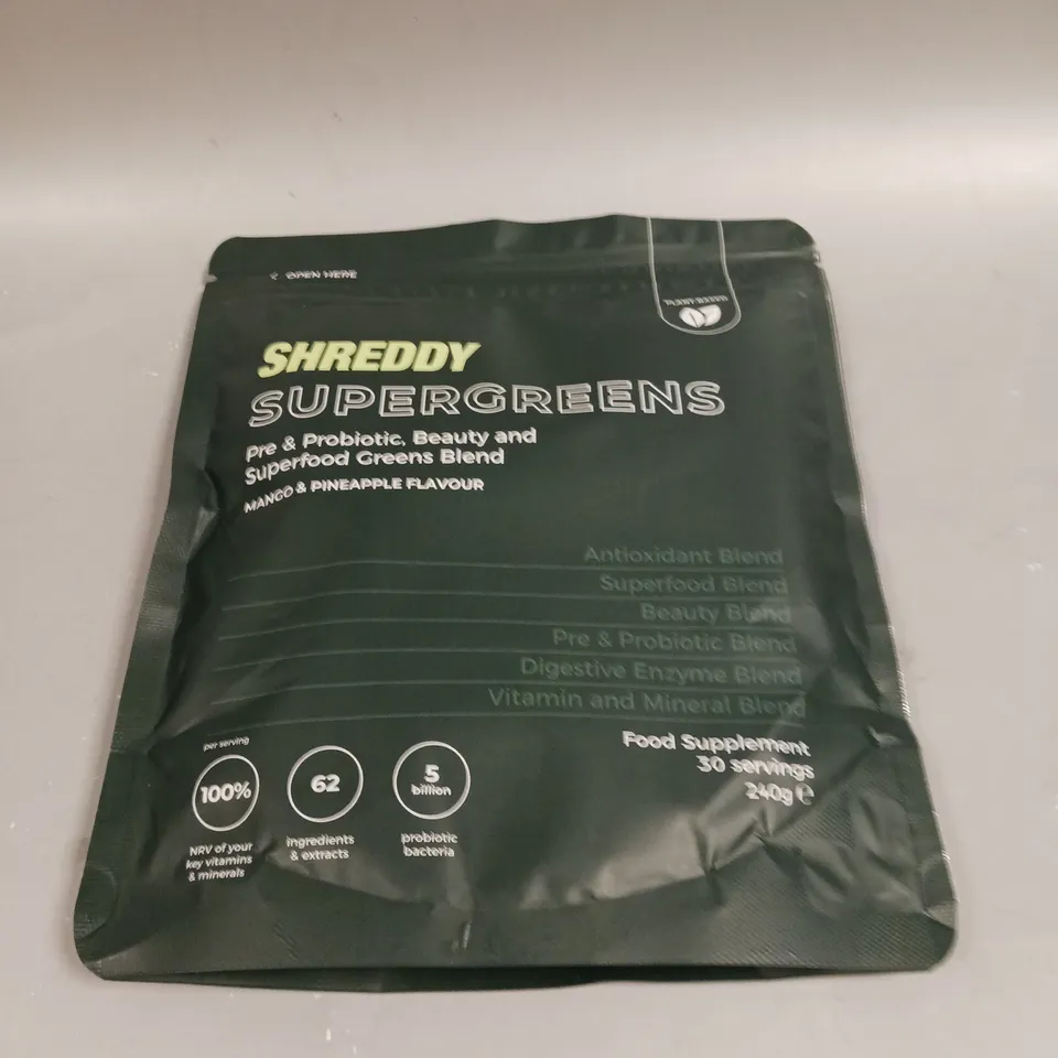 SEALED SHREDDY SUPERGREENS FOOD SUPPLEMENT - MANGO & PINEAPPLE 240G