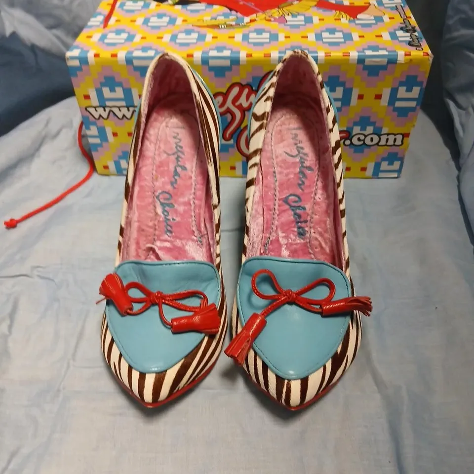 IRREGULAR CHOICE WOMEN'S ZEBRA PRINT HIGH HEEL SHOES – BLUE TOE CAP, RED TASSELS (UK 6.5 / EU 39)