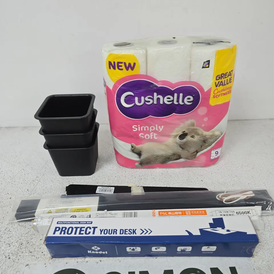 BOX OF APPROXIMATELY 35 ASSORTED ITEMS INCLUDING A MULTI FUNCTIONAL DESK MAT, A LIGHT BUB AND A 320MM BLACK BRACKET