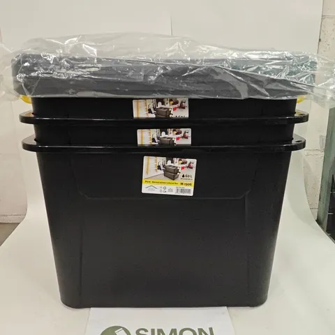 LOT OF 3 60L BLACK STORAGE TUBS WITH LIDS IN BLACK