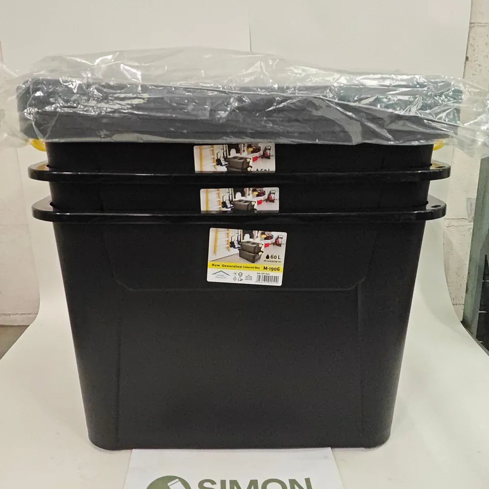 LOT OF 3 60L BLACK STORAGE TUBS WITH LIDS IN BLACK
