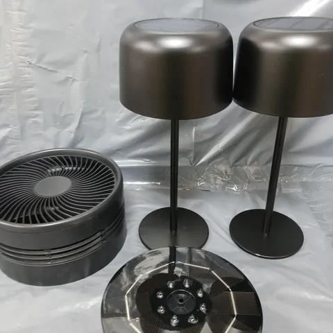 APPROXIMATELY 10 ASSORTED HOUSEHOLD PRODUCTS TO INCLUDE OUTDOOR TABLE LAMPS, FOLDABLE FAN, LED FOUNTAIN LIGHT ETC