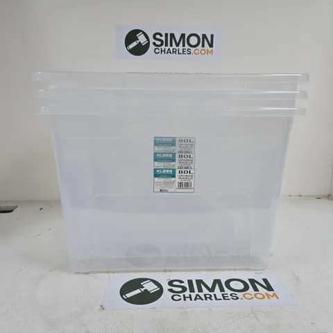 3 X KLASS HOME COLLECTION 80L CLEAR STORAGE BOXES WITH BLACK LIDS