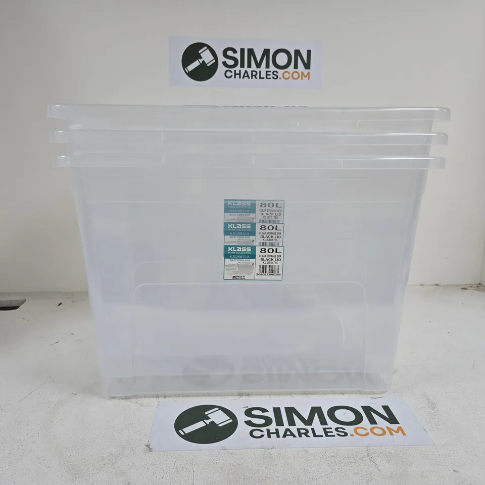 3 X KLASS HOME COLLECTION 80L CLEAR STORAGE BOXES WITH BLACK LIDS