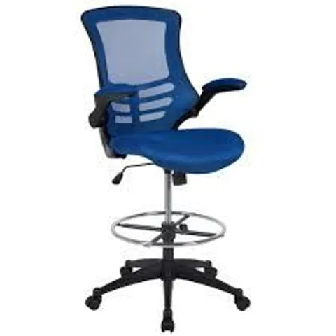 BOXED FLASH FURNITURE BL-X-5M-D-BLUE MID-BACK BLUE MESH DRAFTING STOOL WITH FLIP-UP ARMS (1 BOX)