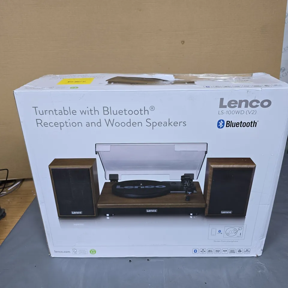 LENCO TURNTABLE WITH BLUETOOTH RECEPTION AND WOODEN SPEAKERS – BOXED (LS-100WD V2)