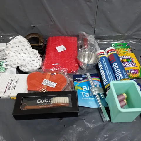 BOX OF ASSORTED HOUSEHOLD ITEMS TO INCLUDE CRAYOLA, BLU-TAC AND SILIRUN SILICONE 