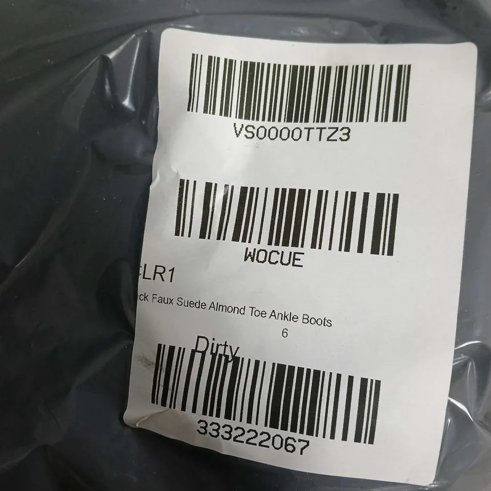 DIRTY LAUNDRY BLACK FAUX SUEDE ANKLE BOOTS, ALMOND TOE, UK 6