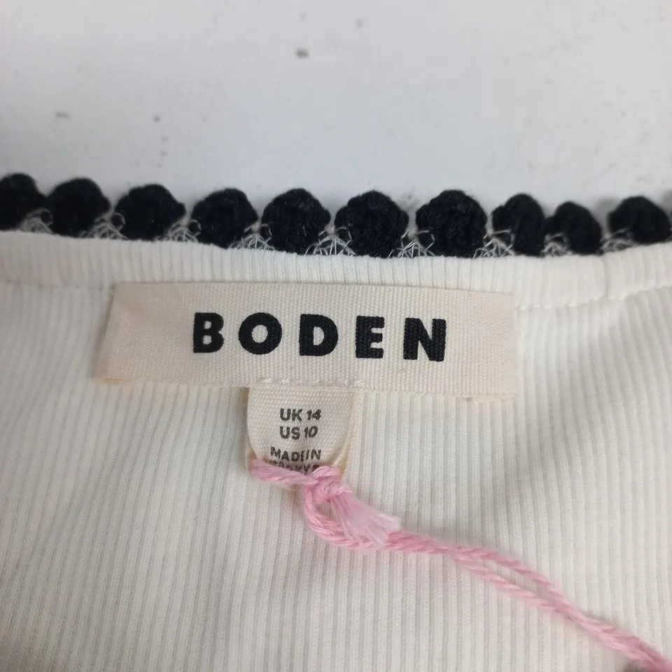 BODEN WHITE RIBBED KNIT TOP WITH BLACK & BEIGE CROCHET TRIM, UK 14