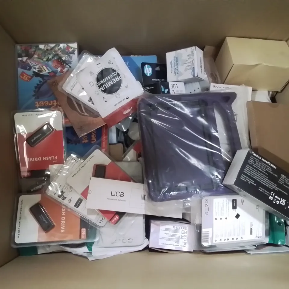 BOX CONTAINING LARGE AMOUNT OF MIXED BOXED ELECTRONIC ITEMS PHONE ACCESSORIES ETC.