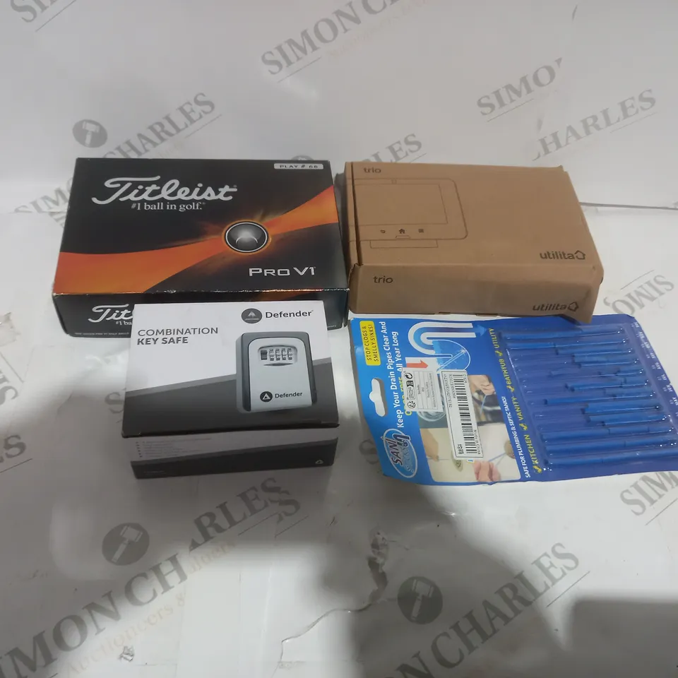 TOTE OF APPROXIMATELY 16 ASSORTED ITEMS TO INCLUDE A TITLEIST GOLF BALL AND A COMBINATION KEY SAFE