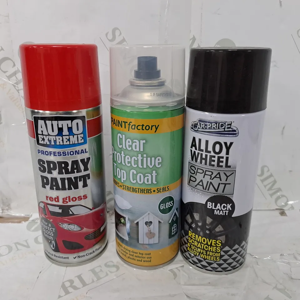 APPROXIMATELY 20 ASSORTED AEROSOLS TO INCLUDE CAR PRIDE ALLOY WHEEL SPRAY PAINT IN BLACK MATT (400ml), PAINT FACTORY CLEAR PROTECTIVE TOP COAT (400ml), AUTO EXTREME PROFESSIONAL SPRAY PAINT IN RED GLO