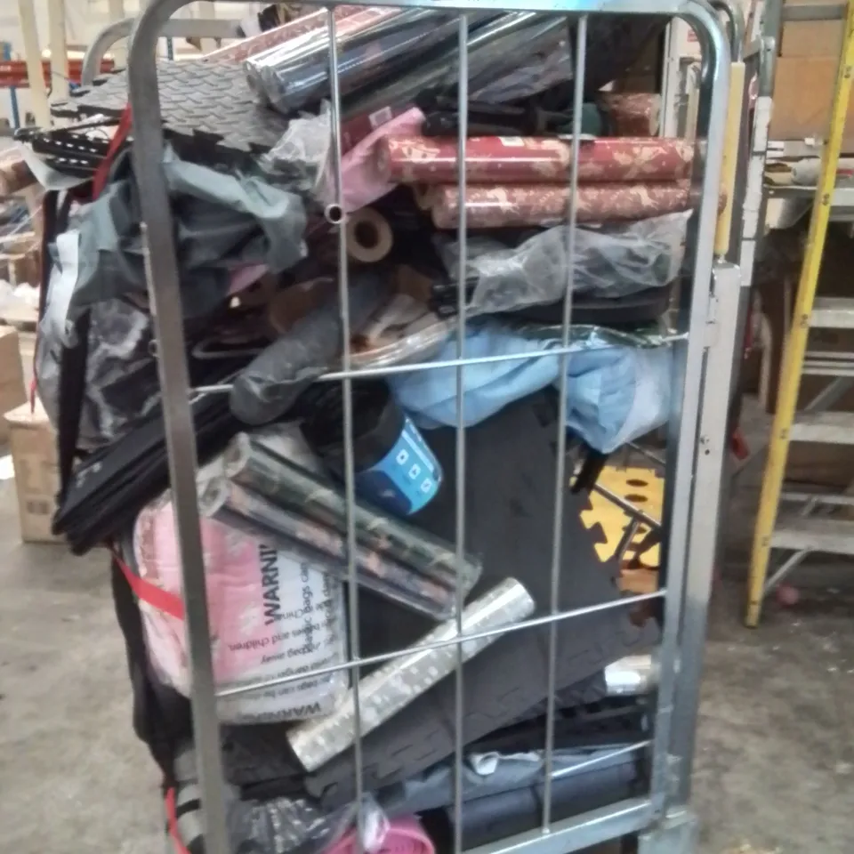 CAGE OF ASSORTED HOUSEHOLD GOODS AND PRODUCTS TO INCLUDE;SPIDER CATCHER,YOGA MAT,COAT HANGERS,WRAPPING PAPER