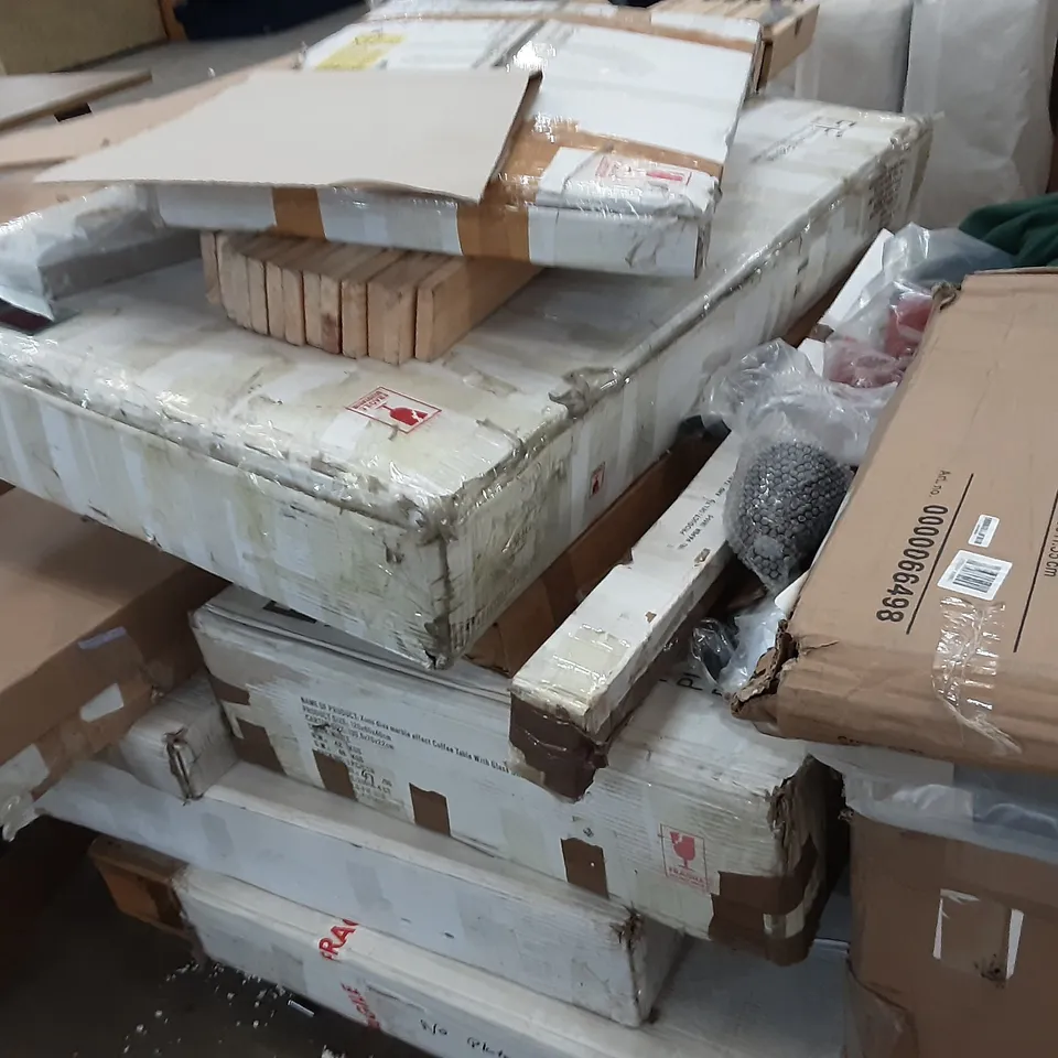 PALLET OF ASSORTED BOXED FURNITURE SUCH AS , END TABLE , WOODEN SLATS   COFFEE TABLE  , NEST OF TABLE AND BED FRAME