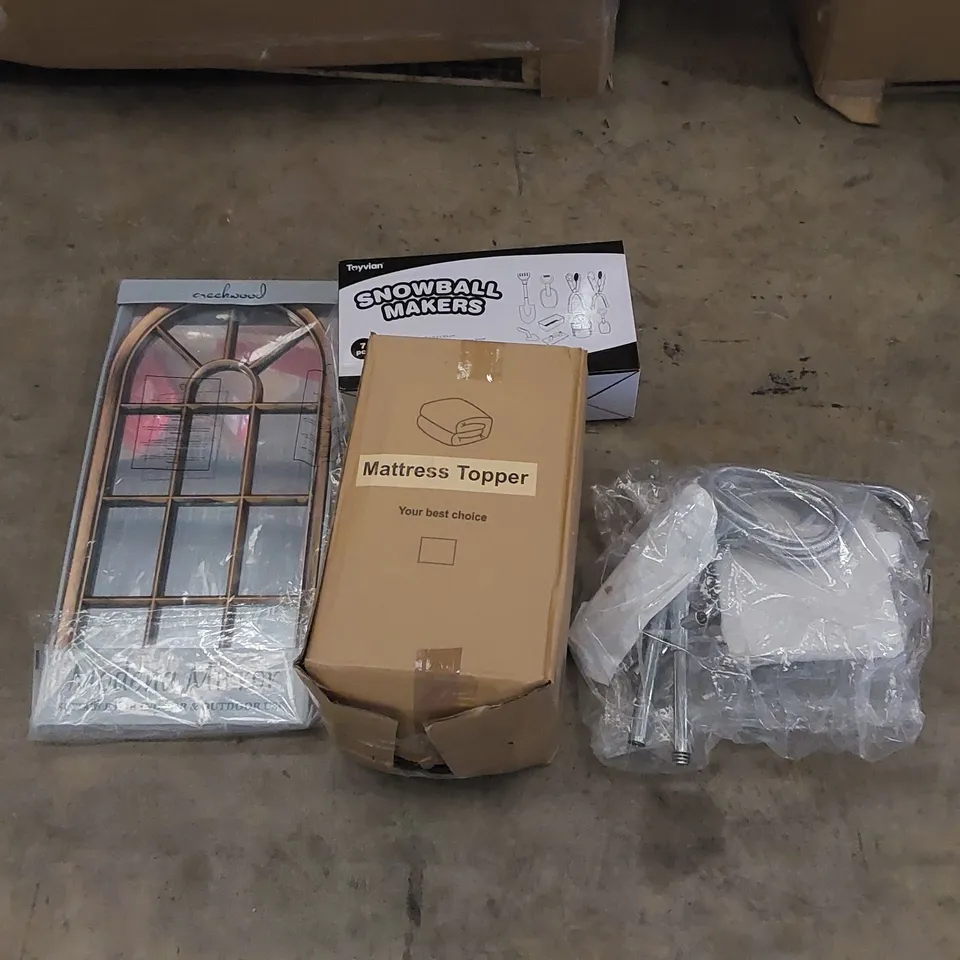 PALLET CONTAINING ASSORTED HOUSEHOLD PRODUCTS INCLUDING SHOWER PARTS, MIRROR, SNOWBALL MAKERS, MATTRESS TOPPER, BOX FURNITURE ETC