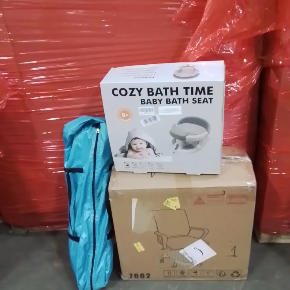 PALLET OF ASSORTED HOUSEHOLD GOODS AND PRODUCTS TO INCLUDE;BABY BATH SEAT,OFFICE CHAIR,CAMPING CHAIR