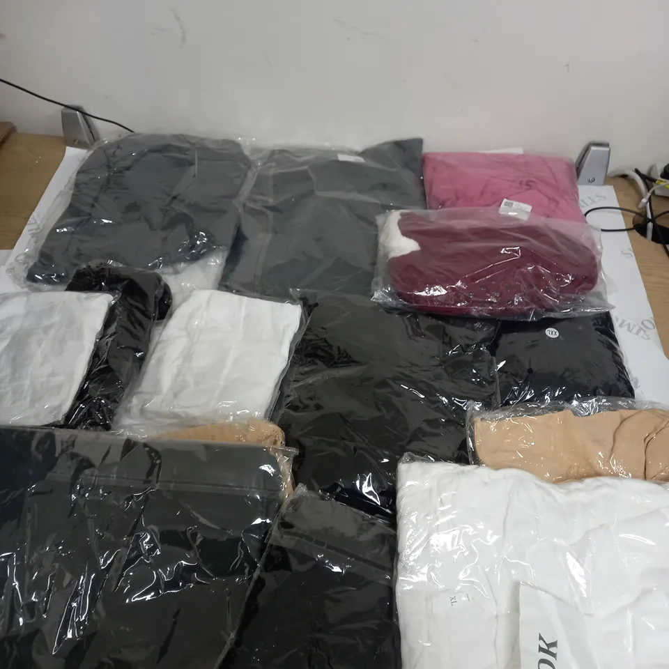LARGE BOX OF ASSORTED CLOTHING ITEMS IN VARIOUS COLOURS AND SIZES