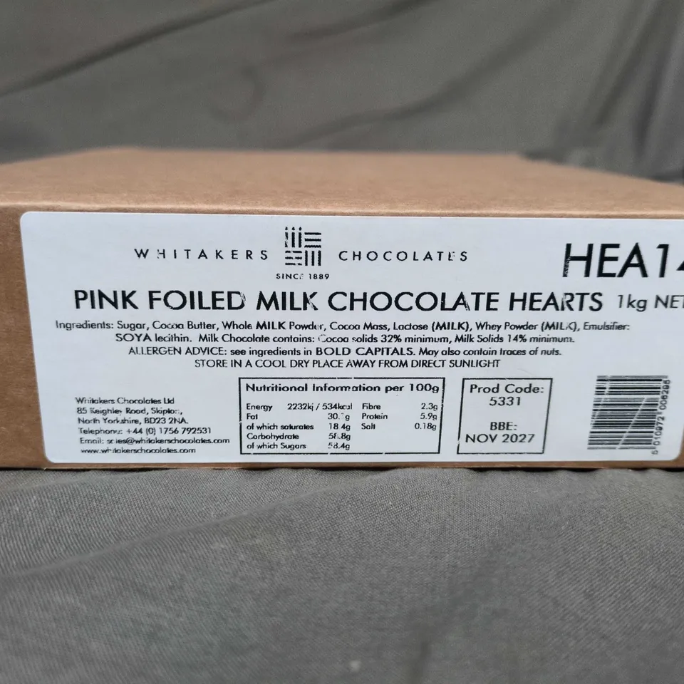 WHITAKERS PINK FOILED MILK CHOCOLATE HEARTS – 1KG NET (APPROX. 166 PIECES)