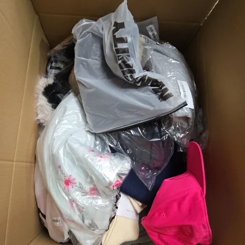 LARGE BOX OF ASSORTED CLOTHING ITEMS IN VARIOUS SIZES, STYLES AND COLOUR 