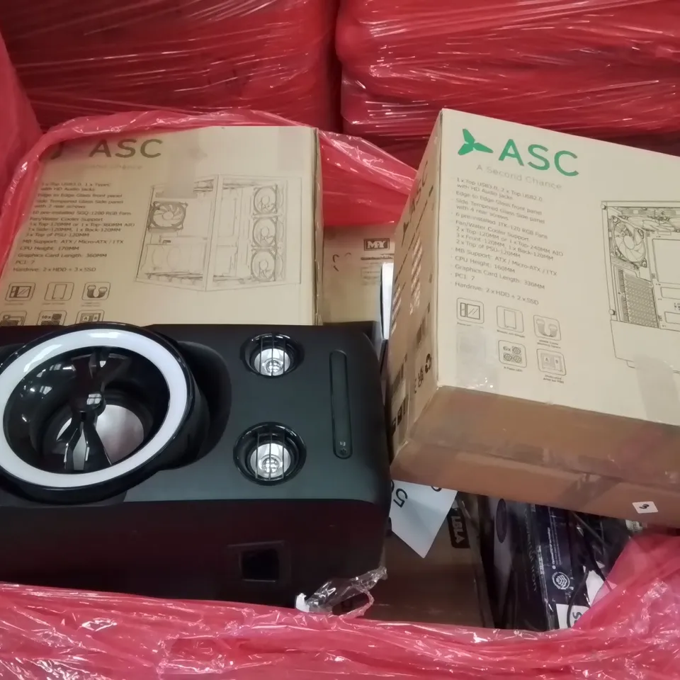 PALLET CONTAINING ASSORTED ITEMS INCLUDING: HAMLIM LARGE SPEAKER, GAMING PC CASES, PHILIPS ELITE PLUS IRON ECT