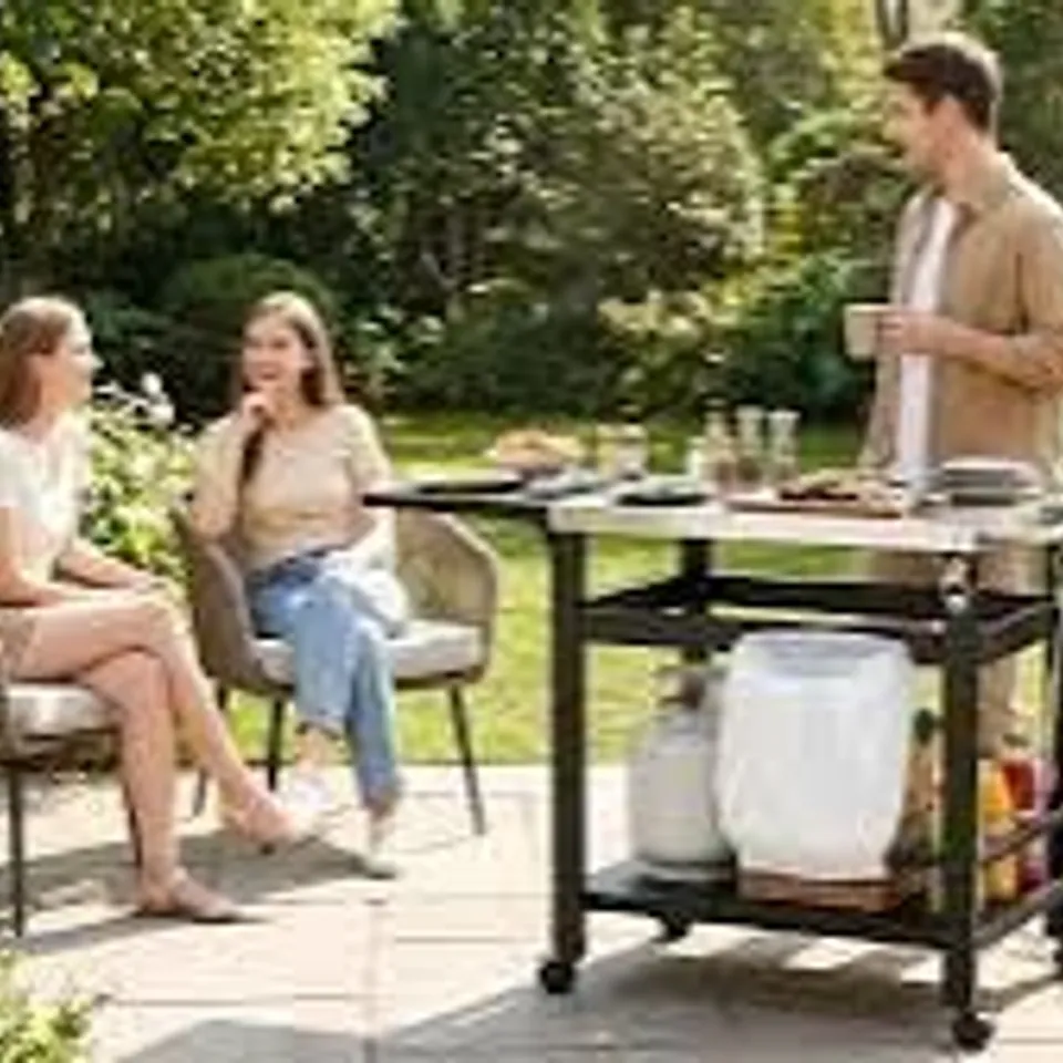 BOXED LIFERUN GRILL TROLLEY WITH FOLDING SIDE TABLE, 4 WHEELS AND WINE RACK