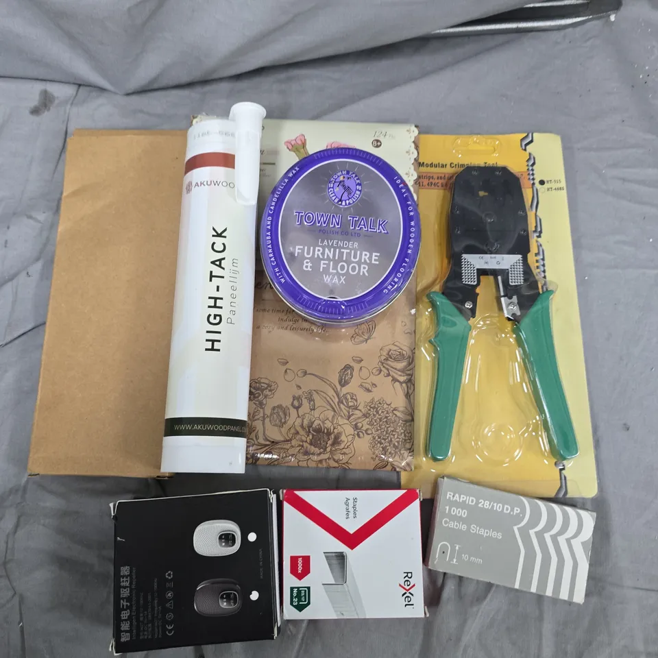 BOX OF ASSORTED ITEMS TO INCLUDE - KRIMPERS - WIPES - SCREWS 