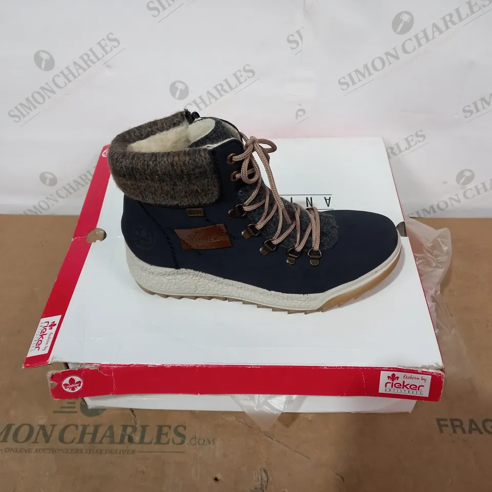 BOXED PAIR OF RIEKER NAVY BOOTS - SIZE 38