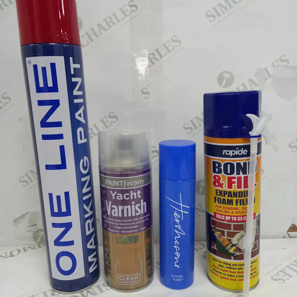 BOX OF APPROX 10 ASSORTED LIQUIDS TO INCLUDE - BOND & FILL, MARKING PAINT, ZHOOSH FOAM ETC