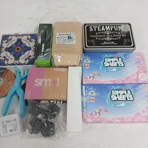 LOT OF ASSORTED HOUSEHOLD ITEMS TO INCLUDE SIMPLE SHEETS, STEAMPUNK POLISH KIT AND CUTTING DISCS