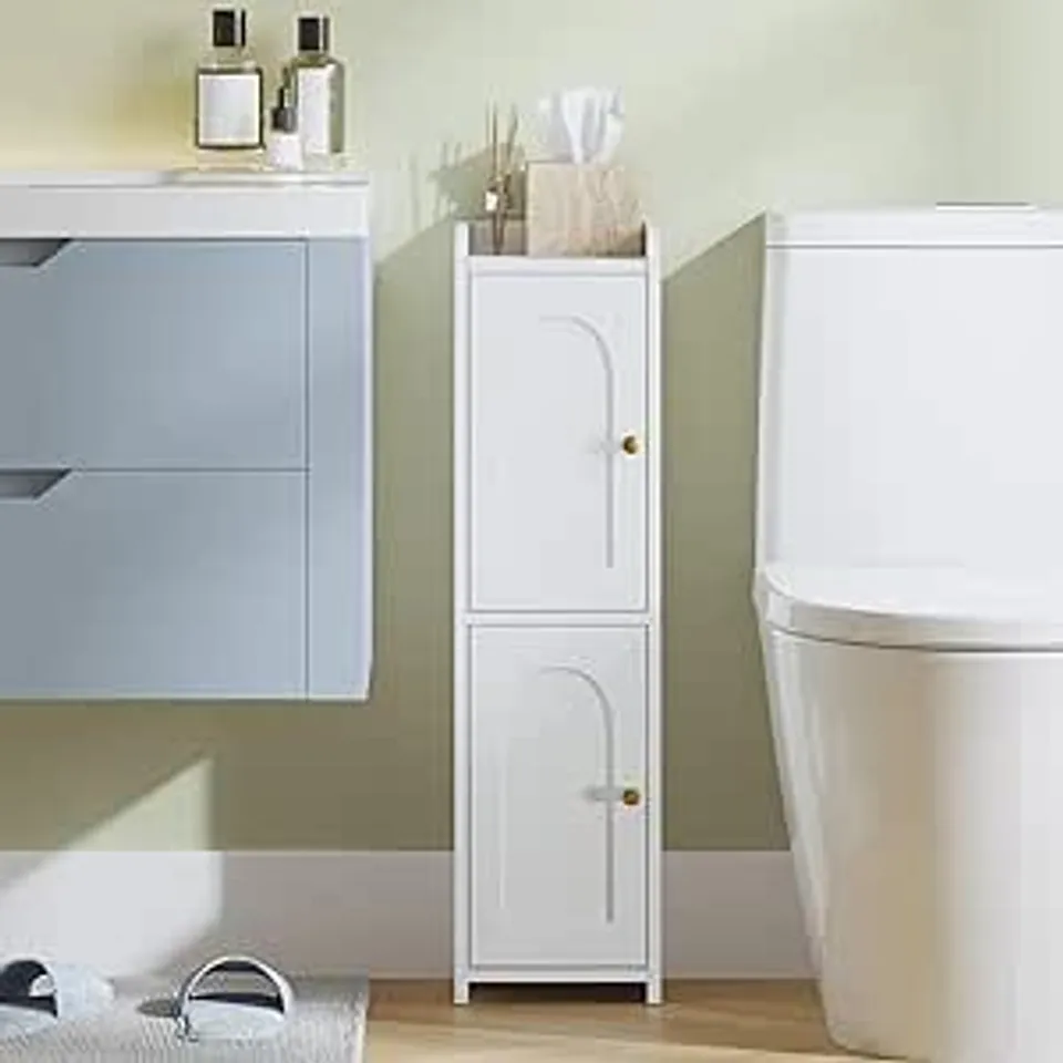 BOXED HZUANERI BATHROOM STORAGE CABINET, SLIM BATHROOM FLOOR CABINETS WITH DOOR AND ADJUSTABLE SHELF, FREESTANDING CORNER STORAGE UNIT, WHITE