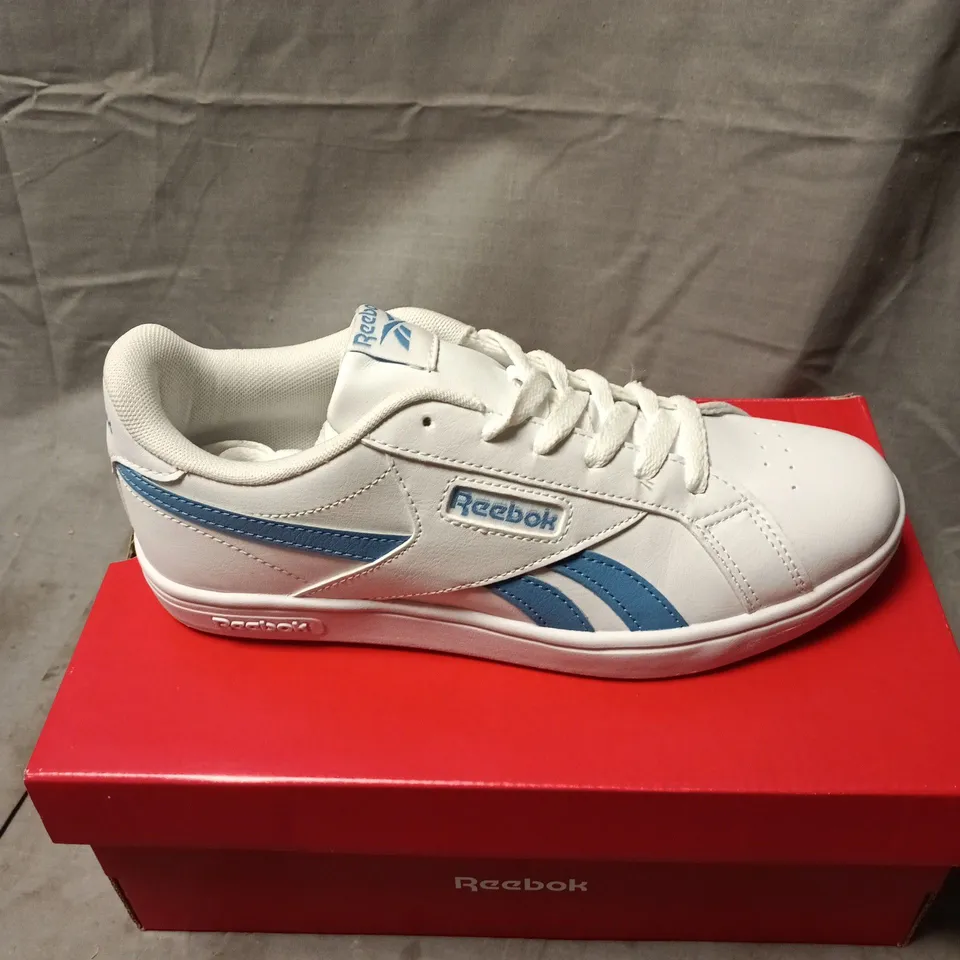 REEBOK WHITE & BLUE SNEAKERS – CLASSIC LEATHER STYLE, BOXED SIZE 5