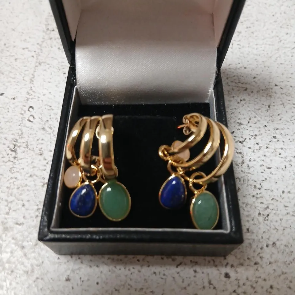 MALIKA MULTI-CHARM SEMI PRECIOUS GEMSTONE TRIPLE HOOP EARRINGS