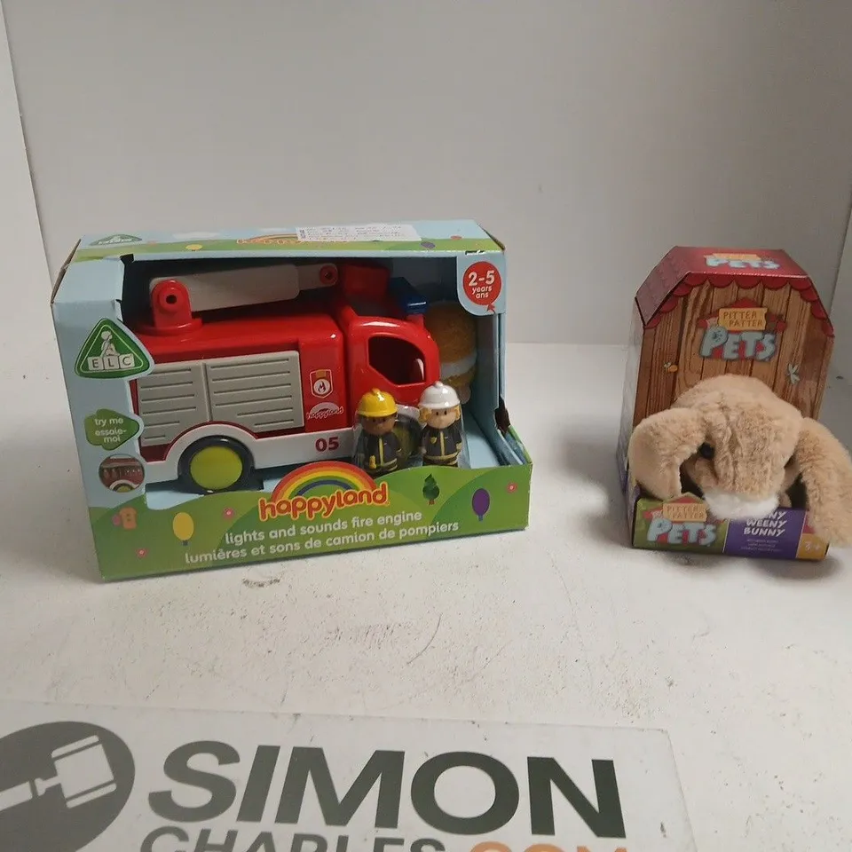 BOX OF APPROXIMATELY 12 ASSORTED TOYS TO INCLUDE: HAPPYLAND FIRE TRUCK AND PITTER PATTER PET 