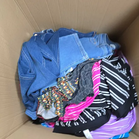 LARGE BOX OF ASSORTED CLOTHING ITEMS IN VARIOUS COLORS, SIZES AND STYLES - COLLECTION ONLY 