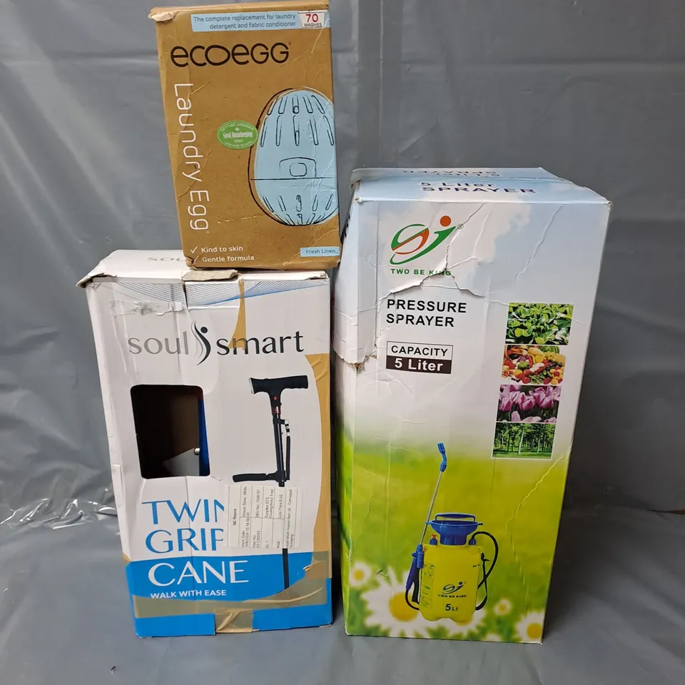 APPROXIMATELY 15 ASSORTED HOUSEHOLD ITEMS TO INCLUDE WALKING CANE, PRESSURE SPRAYER AND A LAUNDRY EGG