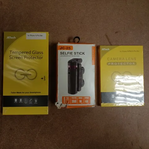 APPROXIMATELY 10 ASSORTED HOUSEHOLD ITEMS TO INCLUDE SELFIE STICK, CAMERA LENS PROTECTOR, ETC