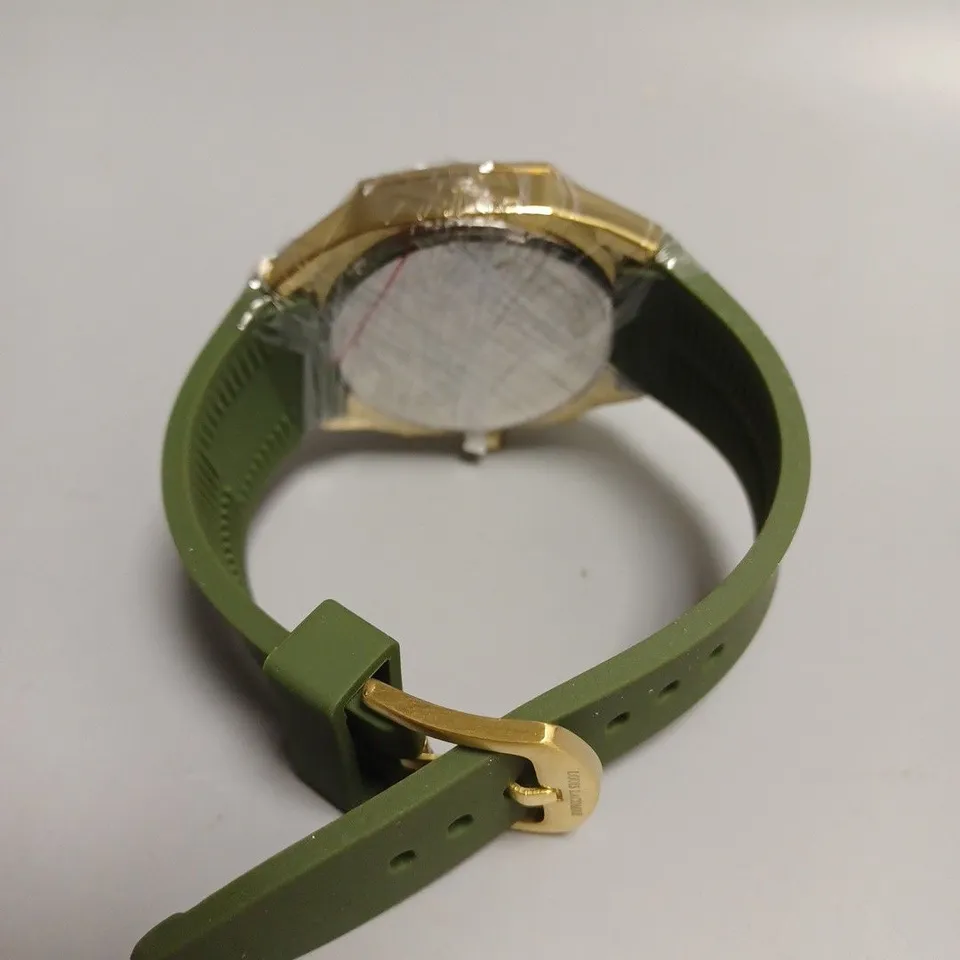 MENS LOUIS LACOMBE CHRONGRAPH WATCH – 3 SUB DIALS – GOLD COLOUR CASE – GREEN RUBBER STRAP