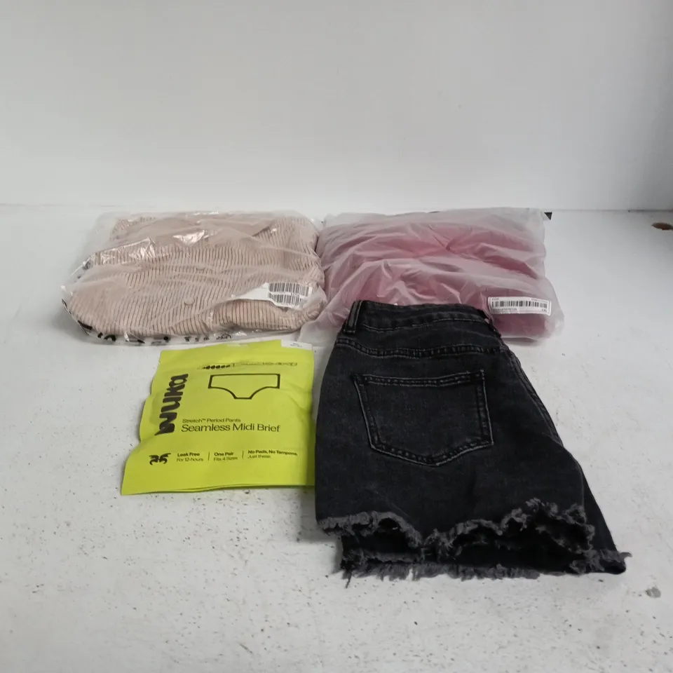 BOX OF APPROXIMATELY 25 ASSORTED CLOTHING ITEMS TO INCLUDE DENIM SHORTS, ASOS MINI SHIRT DRESS, WUKA PERIOD PANTS ETC
