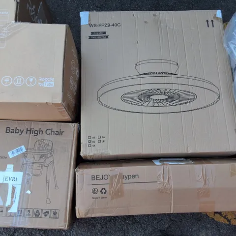 PALLET OF ASSORTED HOUSEHOLD ITEMS TO INCLUDE CEILING FAN LIGHT,BABY HIGH CHAIR AND BEJOY PLAY PEN
