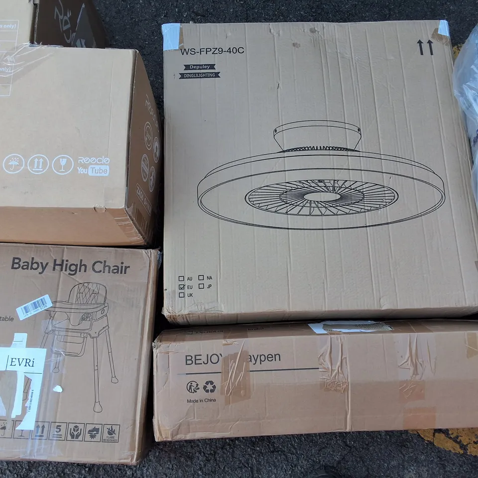 PALLET OF ASSORTED HOUSEHOLD ITEMS TO INCLUDE CEILING FAN LIGHT,BABY HIGH CHAIR AND BEJOY PLAY PEN