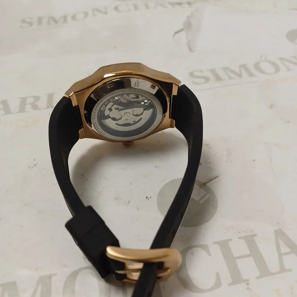 MEN'S EDISON AUTOMATIC ROSE GOLD COLOUR WATCH WITH BLACK DIAL IN HEXAGON CASE